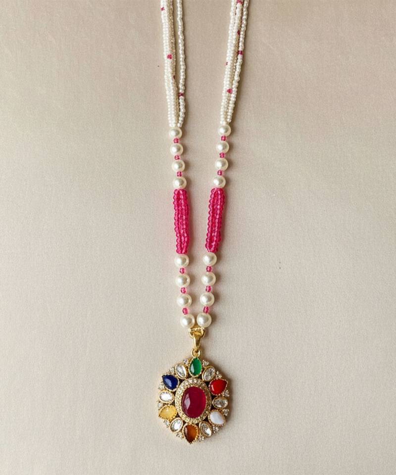 Multicolor polki beaded navratna stones long necklace