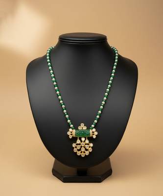 Gold plated green moissanite polki long necklace 1