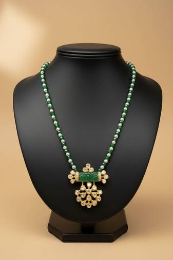 Gold plated green moissanite polki long necklace