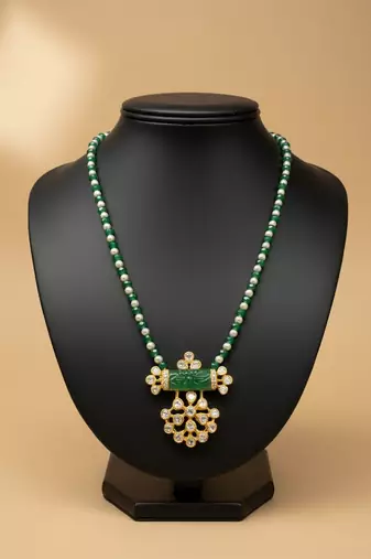 Gold plated green moissanite polki long necklace