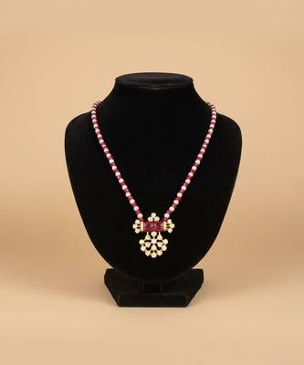 Pink beaded moissanite polki stones long necklace 1