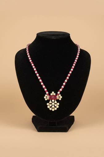 Pink beaded moissanite polki stones long necklace