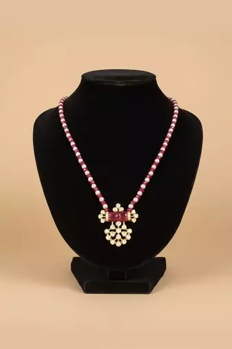 Pink beaded moissanite polki stones long necklace