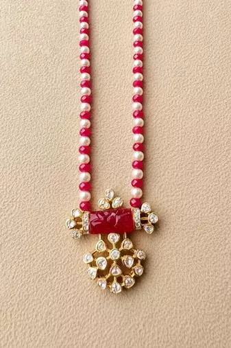 Pink beaded moissanite polki stones long necklace