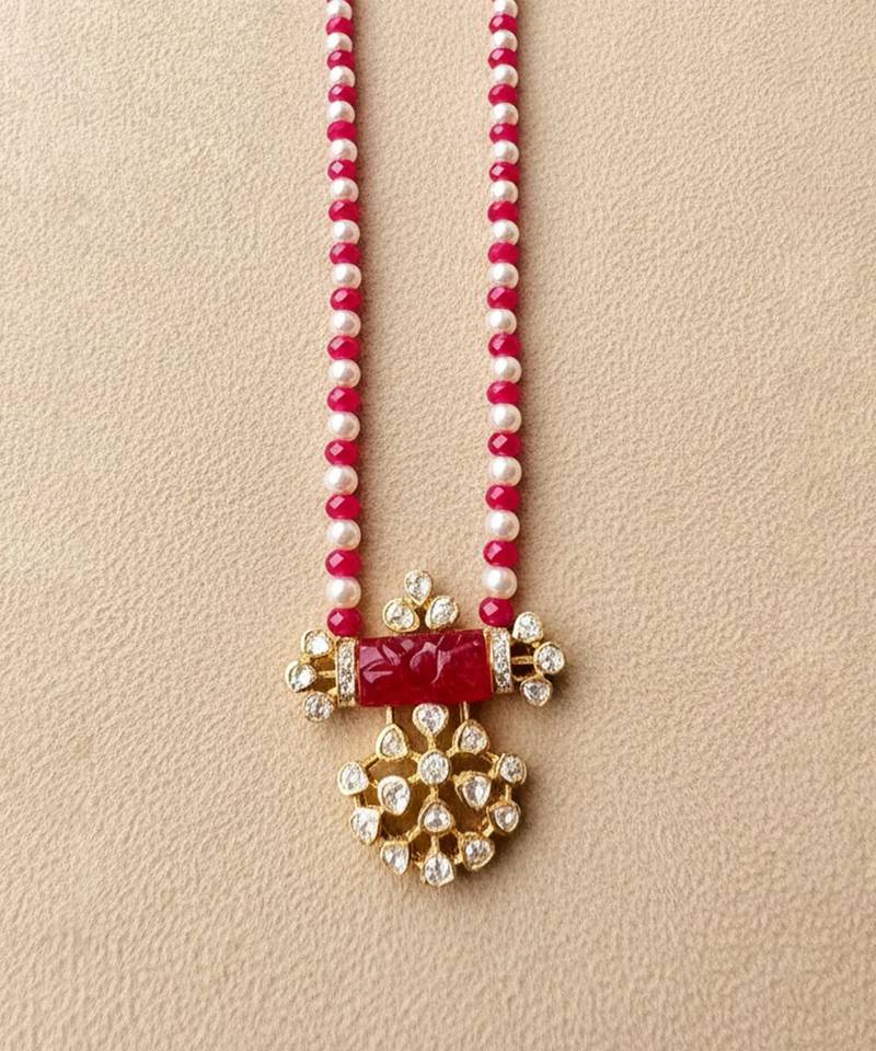 Pink beaded moissanite polki stones long necklace