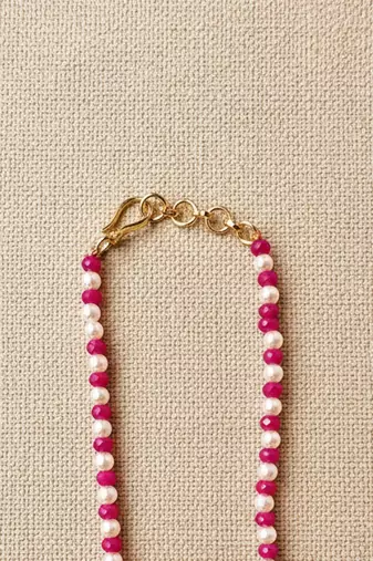 Pink beaded moissanite polki stones long necklace