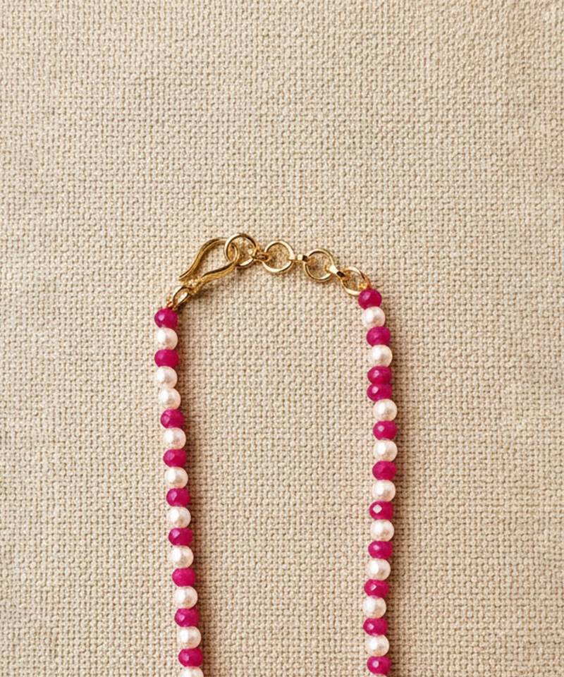 Pink beaded moissanite polki stones long necklace
