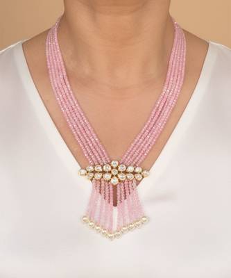 Pink beaded moissanite polki long necklace 1