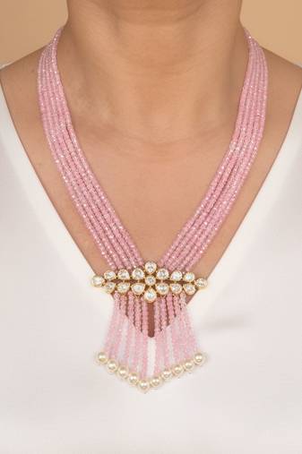 Pink beaded moissanite polki long necklace