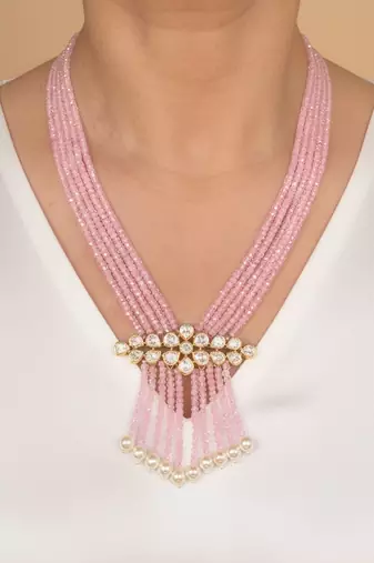 Pink beaded moissanite polki long necklace
