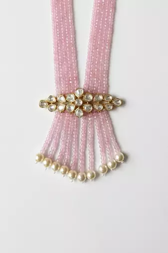 Pink beaded moissanite polki long necklace