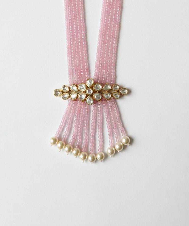Pink beaded moissanite polki long necklace