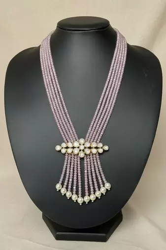 Pink beaded moissanite polki long necklace