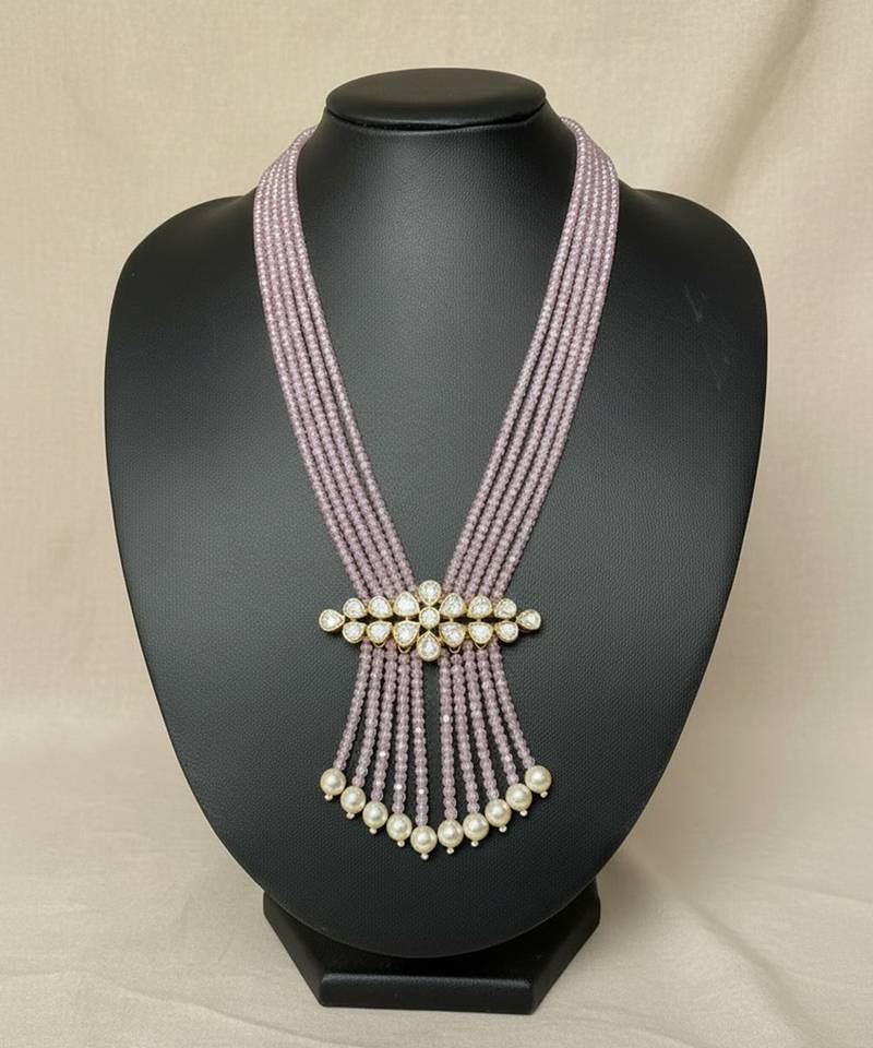 Pink beaded moissanite polki long necklace
