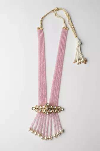 Pink beaded moissanite polki long necklace