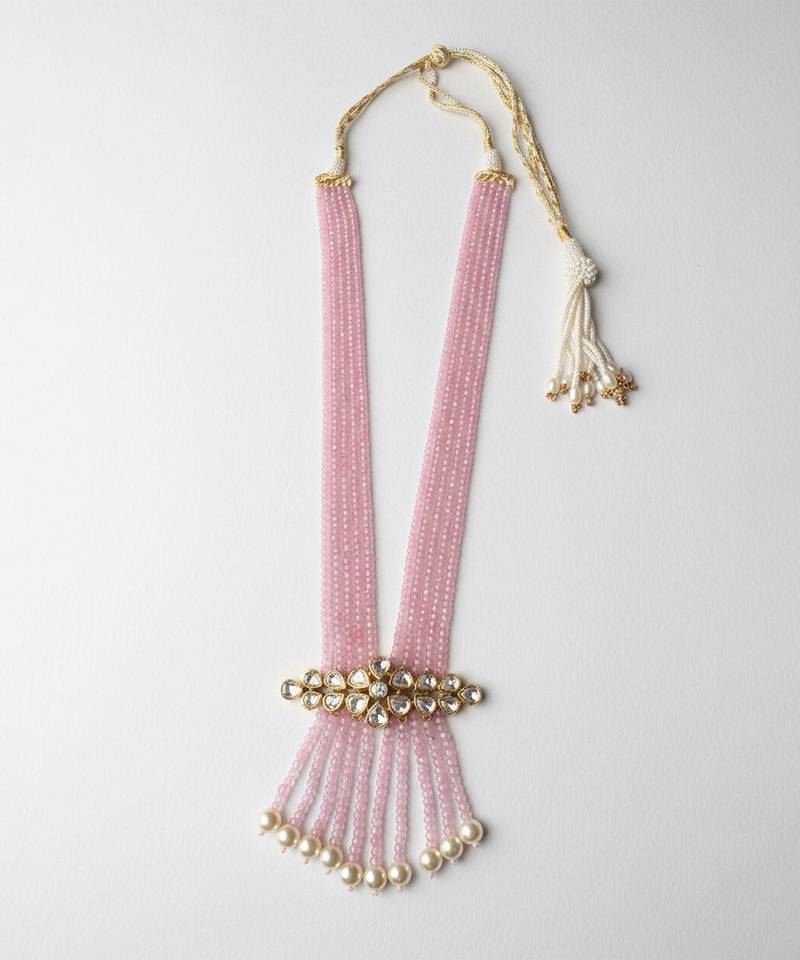 Pink beaded moissanite polki long necklace