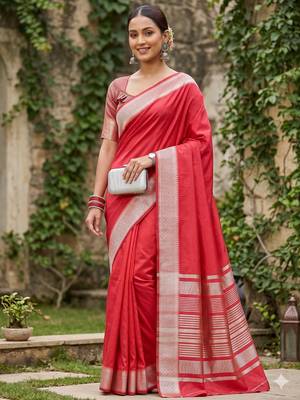 Kavindi women's cotton silk solid print with golden woven border saree with blouse 1