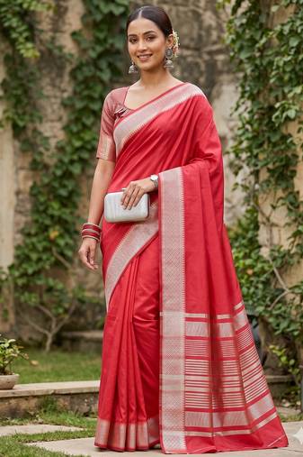 Kavindi women's cotton silk solid print with golden woven border saree with blouse