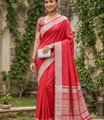 Kavindi women's cotton silk solid print with golden woven border saree with blouse