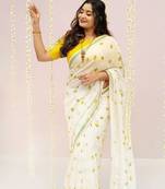 white printed work cotton blend saree