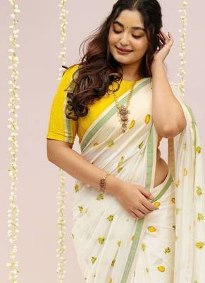 white printed work cotton blend saree 2