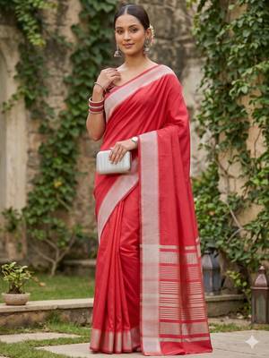 Kavindi women's cotton silk solid print with golden woven border saree with blouse 2