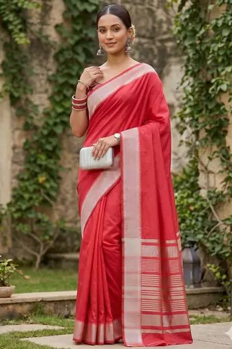 Kavindi women's cotton silk solid print with golden woven border saree with blouse