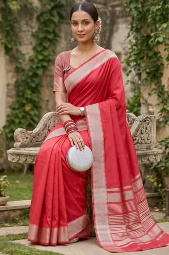 Kavindi women's cotton silk solid print with golden woven border saree with blouse