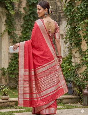 Kavindi women's cotton silk solid print with golden woven border saree with blouse 4