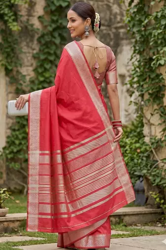 Kavindi women's cotton silk solid print with golden woven border saree with blouse