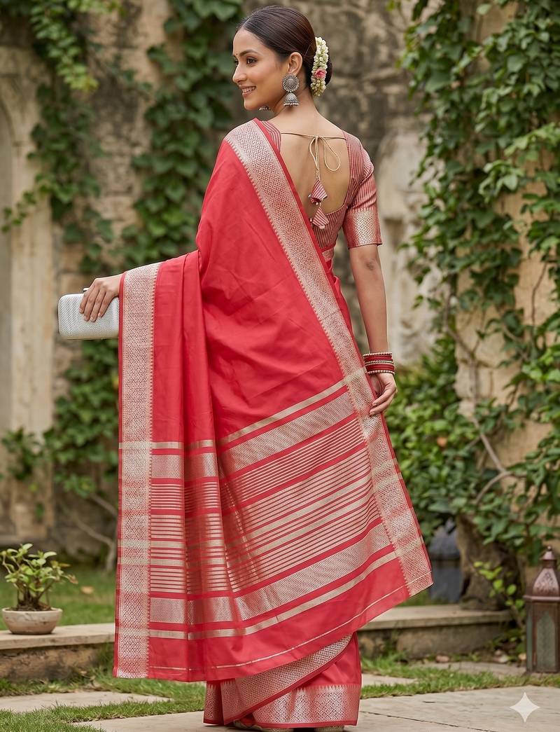 Kavindi women's cotton silk solid print with golden woven border saree with blouse