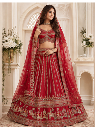 red color Handwork Sequin and Beads Multi Color and Thread work silk blend Lehnga Choli  1