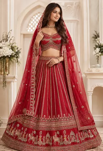 red color Handwork Sequin and Beads Multi Color and Thread work silk blend Lehnga Choli 