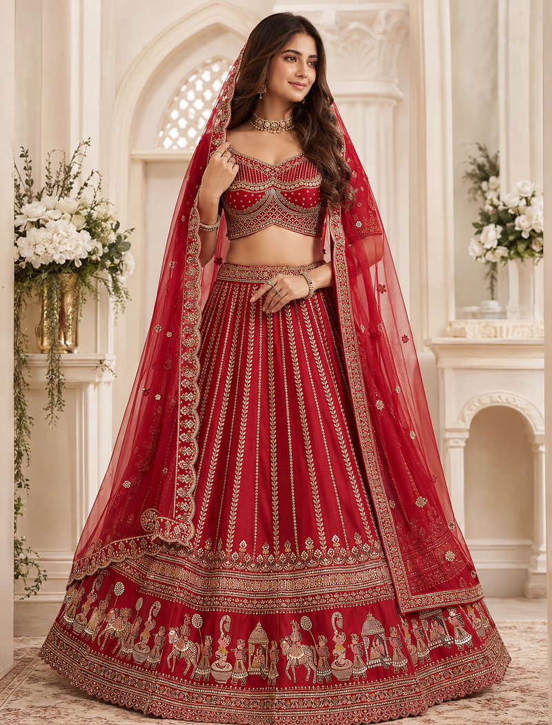 red color Handwork Sequin and Beads Multi Color and Thread work silk blend Lehnga Choli 