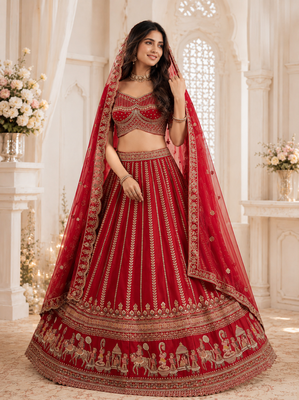 red color Handwork Sequin and Beads Multi Color and Thread work silk blend Lehnga Choli  2