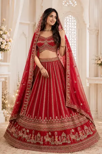 red color Handwork Sequin and Beads Multi Color and Thread work silk blend Lehnga Choli 