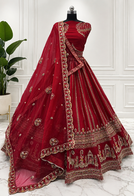 red color Handwork Sequin and Beads Multi Color and Thread work silk blend Lehnga Choli  3