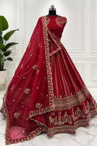red color Handwork Sequin and Beads Multi Color and Thread work silk blend Lehnga Choli 