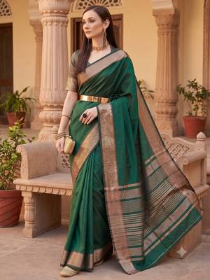 Kavindi women's cotton silk solid print with golden woven border saree with blouse 1