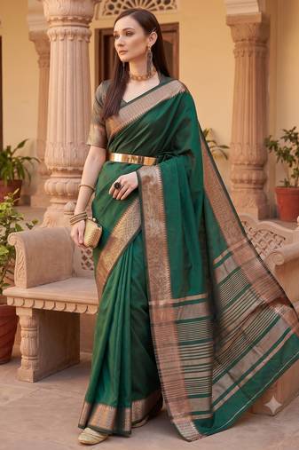 Kavindi women's cotton silk solid print with golden woven border saree with blouse