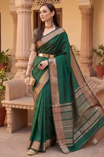 Kavindi women's cotton silk solid print with golden woven border saree with blouse