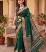Kavindi women's cotton silk solid print with golden woven border saree with blouse
