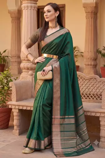Kavindi women's cotton silk solid print with golden woven border saree with blouse