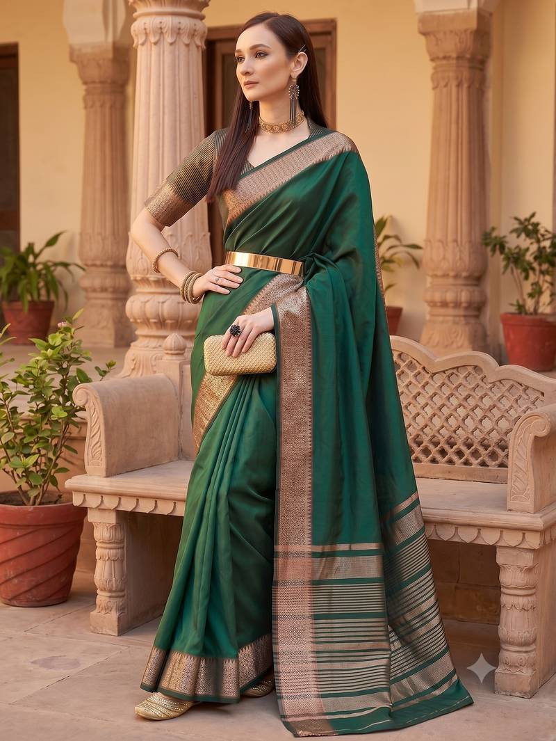 Kavindi women's cotton silk solid print with golden woven border saree with blouse