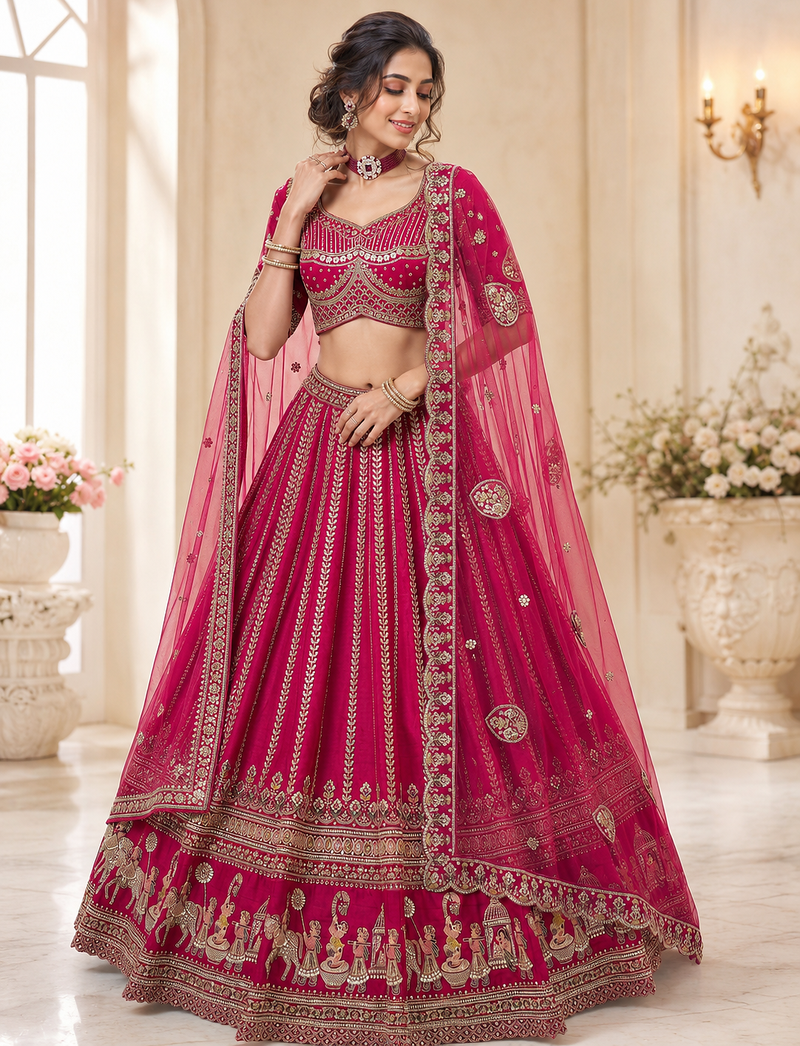 pink color Handwork Sequin and Beads Multi Color and Thread work silk blend Lehnga Choli 