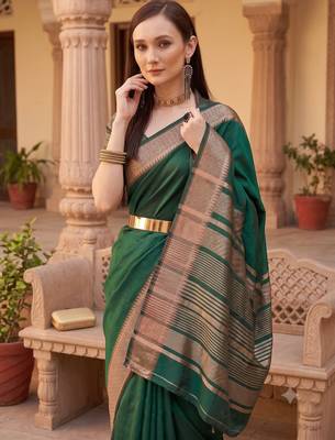 Kavindi women's cotton silk solid print with golden woven border saree with blouse 3