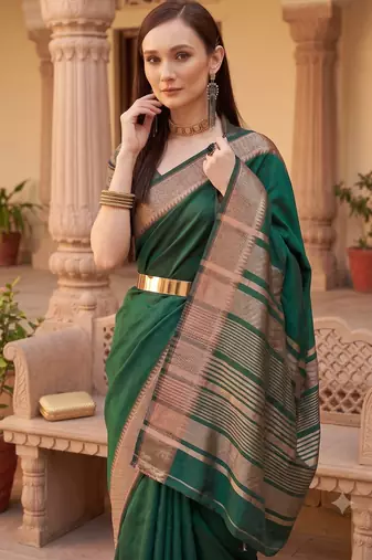 Kavindi women's cotton silk solid print with golden woven border saree with blouse