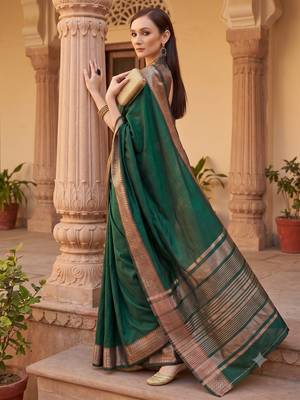 Kavindi women's cotton silk solid print with golden woven border saree with blouse 4