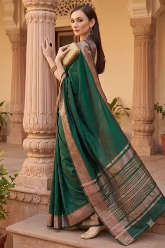 Kavindi women's cotton silk solid print with golden woven border saree with blouse