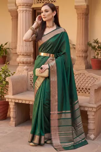 Kavindi women's cotton silk solid print with golden woven border saree with blouse